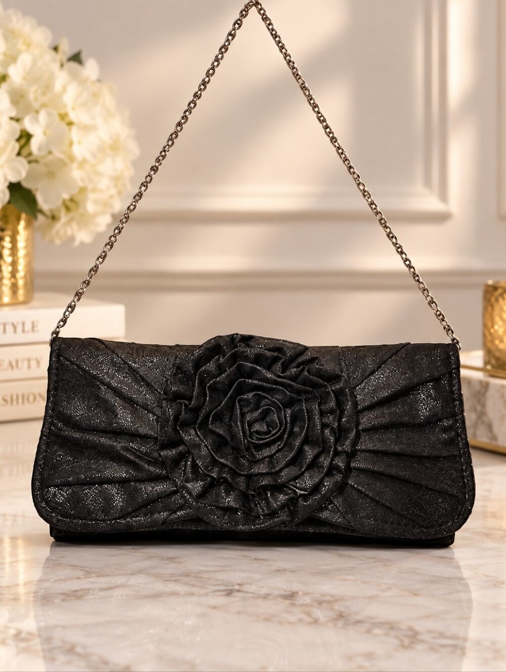 Black Rosette Evening Clutch w/ Chain Strap Formal Prom Wedding Bag